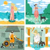 Free vector olympus gods 2x2 design concept set of four square icons with greece mythology characters vector illustration