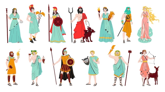 Free Vector olympus gods flat color set of hermes athena demeter dionysius artemis poseidon ares persons isolated vector illustration