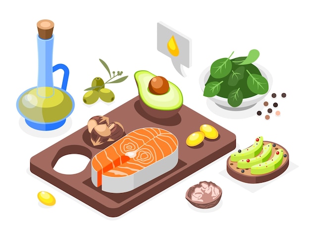 Free Vector omega 3 6 and 9 acids isometric composition with oil rich products vector illustration