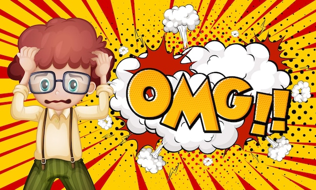 OMG word on explosion background with boy cartoon character