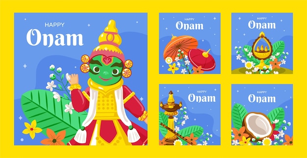 Onam hand drawn flat ig post collection