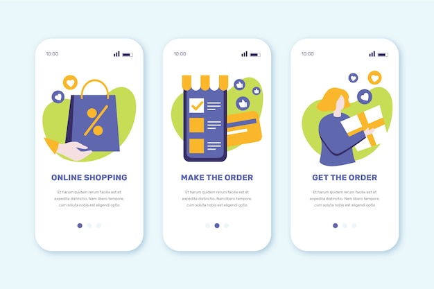 Onboarding app screens for online purchasing