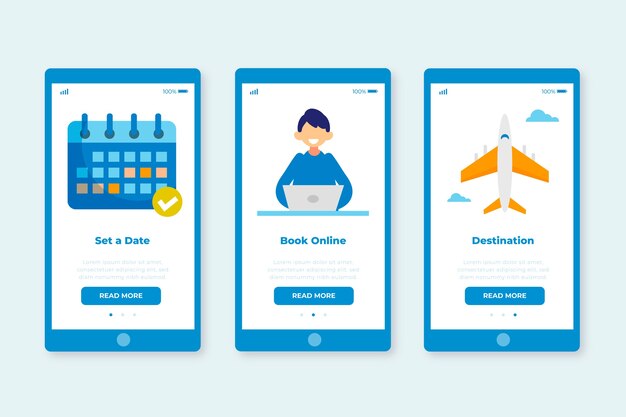 Onboarding app screens for travelling service set