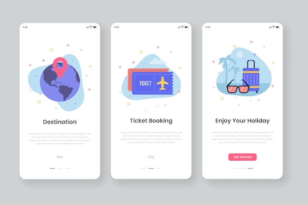 Onboarding app screens with travelling