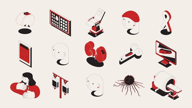 Oncology set of isometric icons with medical appliances cancer symbols drugs and people on blank background vector illustration