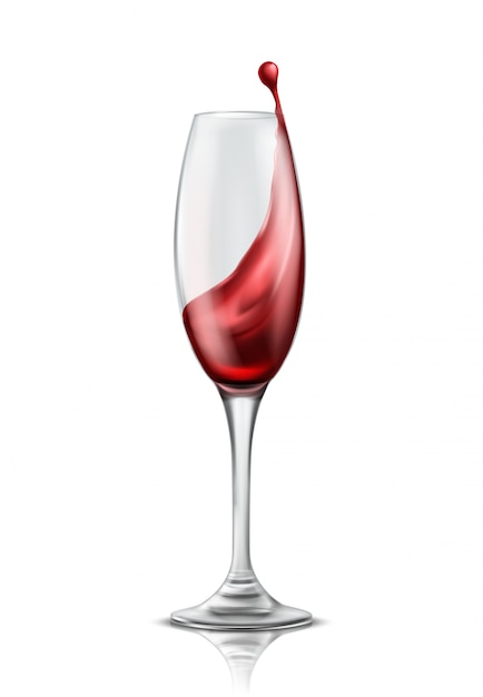 One wine glass with splash of red wine, 3D realistic illustration 