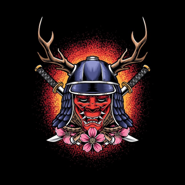 Oni mask with samurai helmet isolated on black