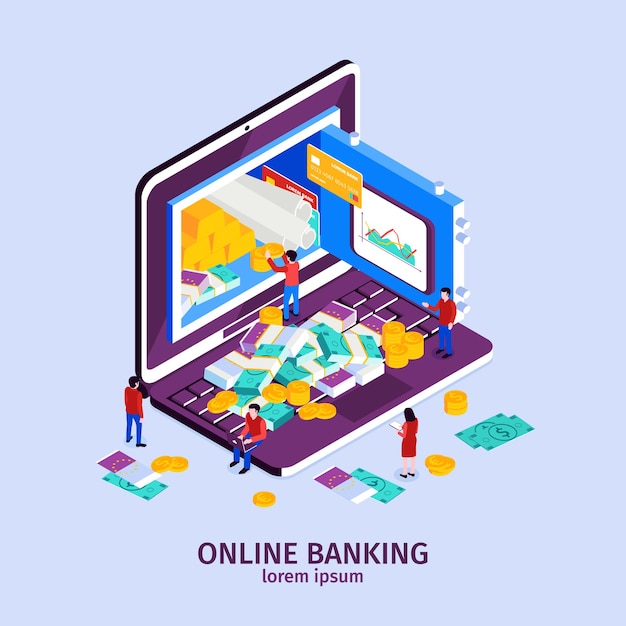 Online banking concept with modern technology symbols isometric