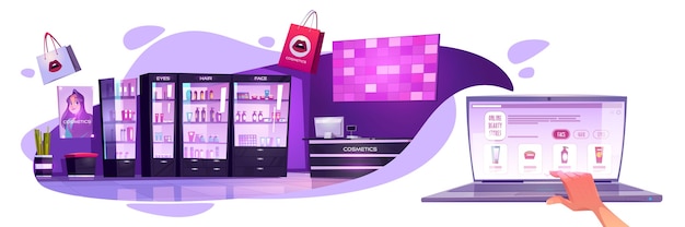 Free Vector online beauty stores banner. concept of ecommerce, mobile shopping in internet. vector cartoon illustration of cosmetic salon interior and online shop on laptop screen