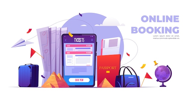 Online booking cartoon banner, tickets reservation service application on mobile phone screen.