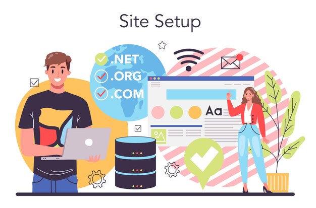 Online business concept People forming a business on the internet Ecommerce Sale website setup Flat vector illustration