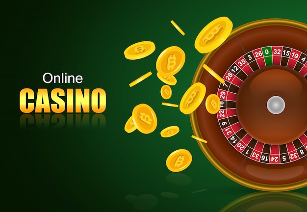 Online casino lettering, roulette and flying golden coins. Casino business advertising 