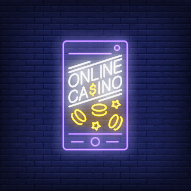 Online casino neon sign. Phone screen shape with ships and stars on brick wall background