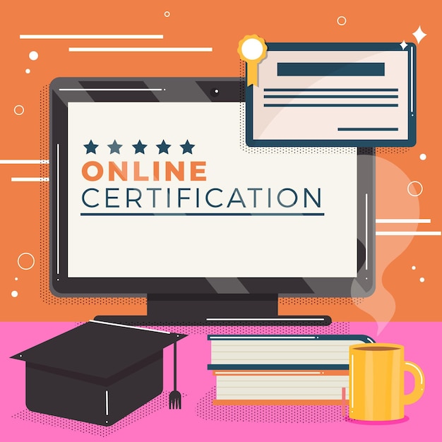 Free Vector online certification with computer and books