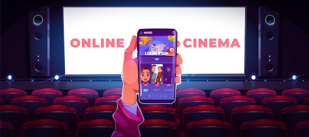 Online cinema concept with human hand holding smartphone with application for watching movie in internet