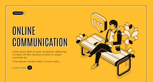 Online communication isometric landing page banner