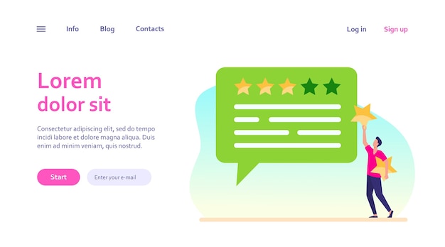 Free Vector online customer feedback. man applying rate stars to chat bubble. marketing, satisfaction, evaluation concept for website design or landing web page