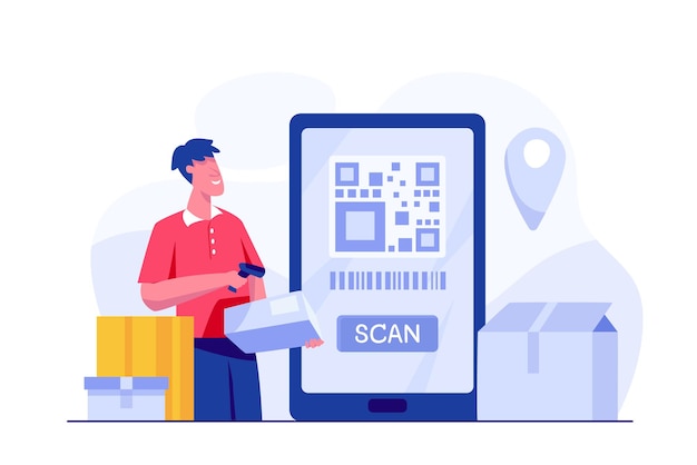 Online delivery phone concept Officer scan QR code from packaging for recipient address and location target of customer. Marketing and Digital Marketing promotion of online stores. Vector illustration