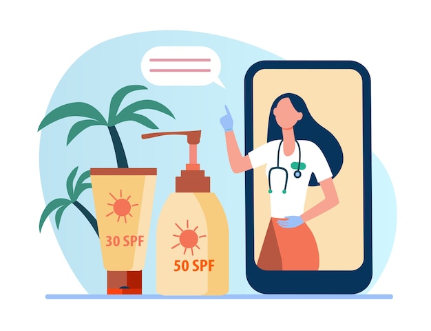 Free Vector online doctor recommending sunscreen. phone screen, bottle of sunblock, tube of lotion flat illustration.