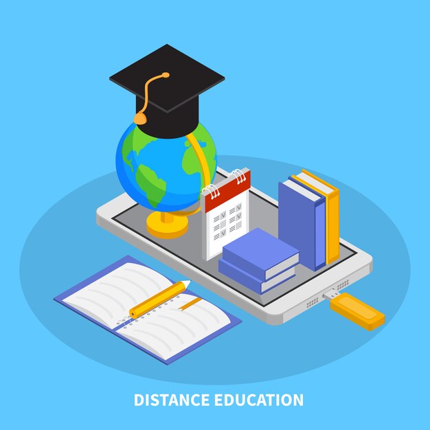 Online education composition with distance education symbols isometric   illustration