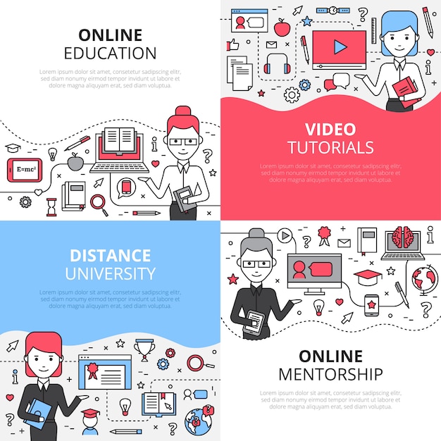 Online education concept set with video tutorials distance university and online mentorship