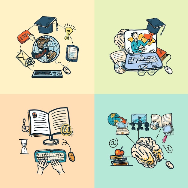 Free Vector online education e-learning science sketch icons set isolated vector illustration