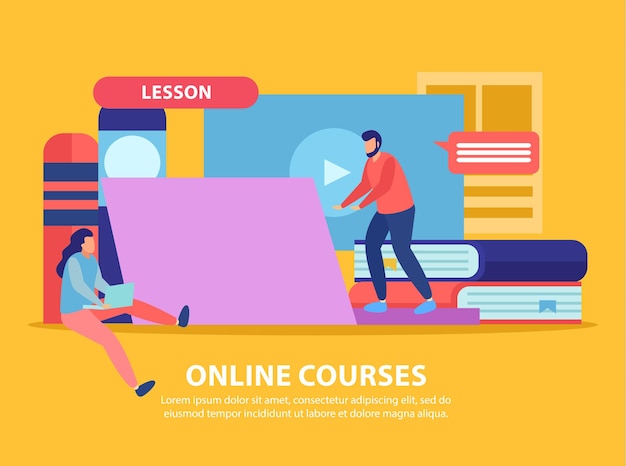 Free vector online education flat illustration composition with computers content and books with human characters