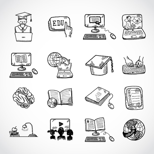 Online education icon sketch, doodle hand drawn style