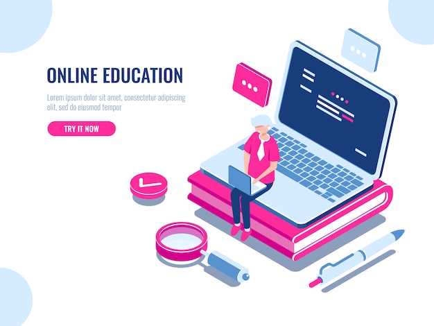 Online education isometric concept, laptop on book, internet course for learning on home