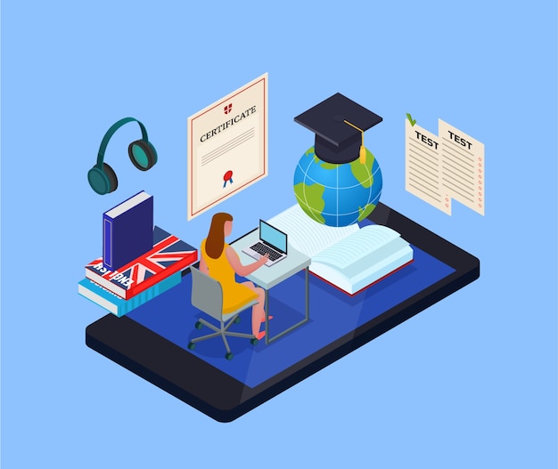 Free vector online education isometric concept with female student using electronic library and various objects for studying 3d