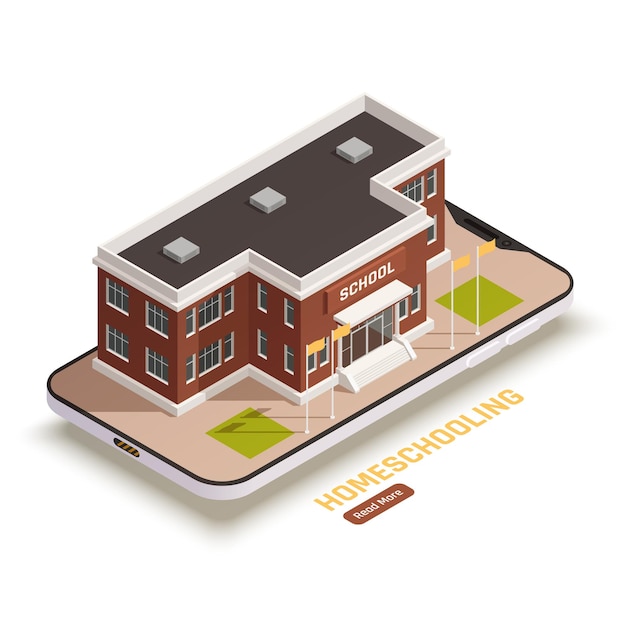 Online education isometric concept with school building and smartphone 3d