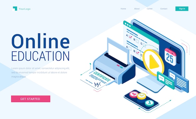 Online education isometric landing page with students equipment for studying via internet