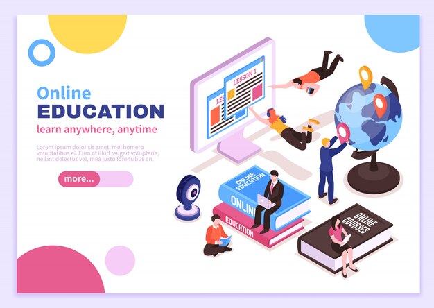 Online education isometric poster with tutorials advertising distance courses and slogan learn anywhere anytime