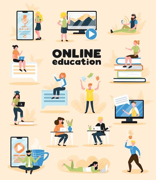 Free Vector online education set of people studying distantly using desktop pc phone laptop isolated vector illustration