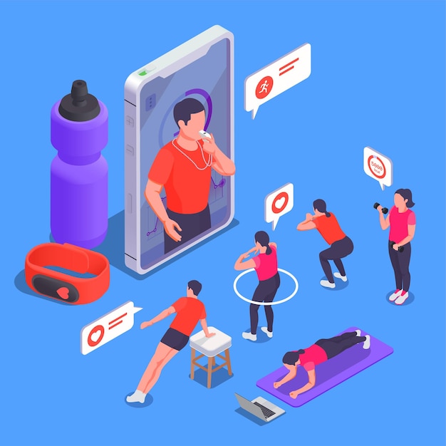 Online fitness workout yoga at home isometric concept the group performs trainer s exercises and he monitors performance through smartphone vector illustration