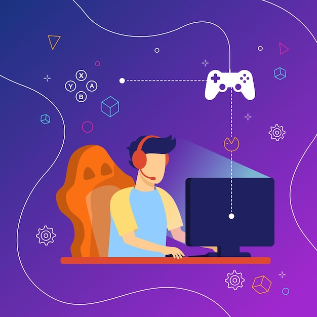 Online games addiction illustration with man playing