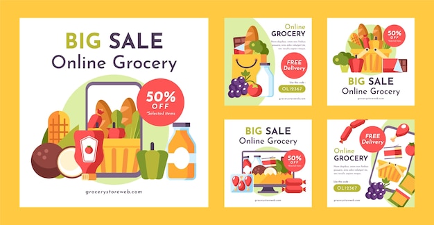 Free Vector online grocery store instagram post collection