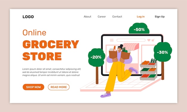 Free vector online grocery store landing page design