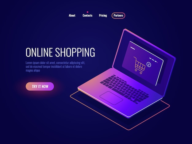 Online internet shopping isometric icon, website purchase, laptop with online shop page, laptop dark