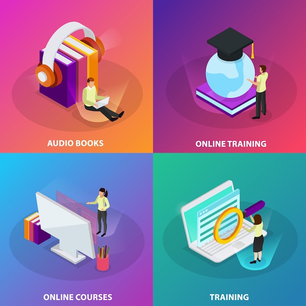 Free Vector online learning 2x2 design concept set of online courses online training audio books  square glow icons isometric 