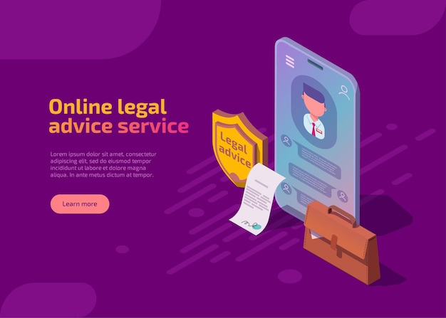 Online legal advice service isometric landing page