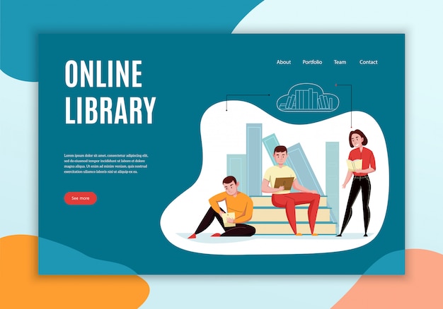 Free Vector online library concept website landing page design with people reading books against cloud bookshelves