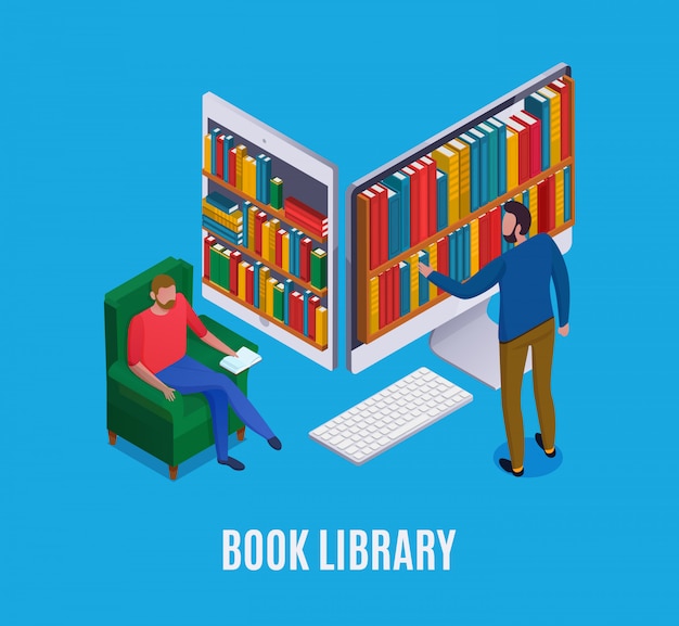 Free Vector online library concept with abstract computer and man choosing books on blue  3d isometric