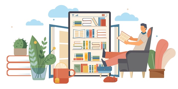 Online library flat composition with electronic book and man reading a book on a tablet at home illustration