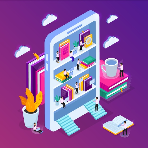 Online library isometric composition with image of smartphone with book shelves and small people with clouds