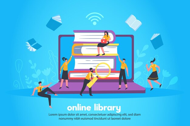 Online library with stack of books and notebook big images wi fi sign and small people figurines