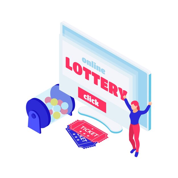 Online lottery isometric composition with colorfil bingo balls tickets and happy character