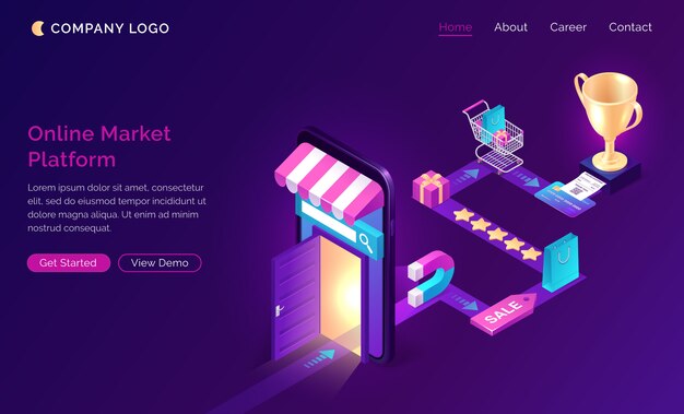 Online market platform isometric landing page,