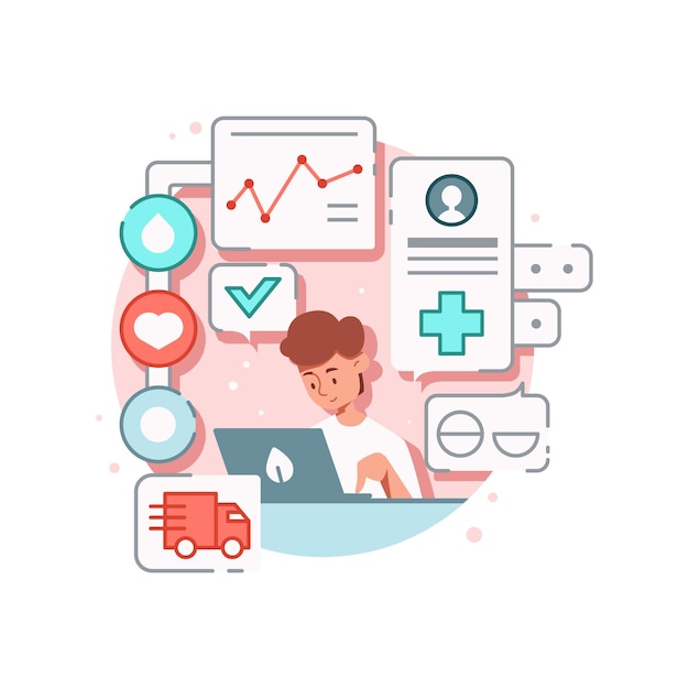 Free Vector online medicine composition with character of guy tracking orders with medication