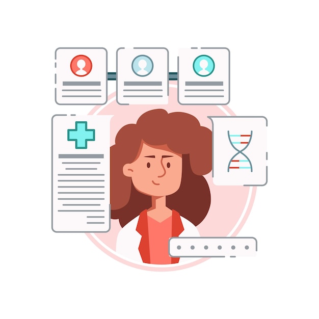 Online medicine composition with female character of doctor surrounded by drug orders